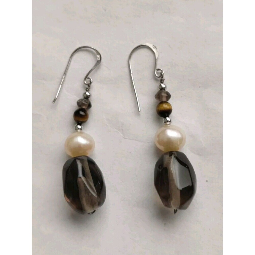 Smoky Quartz Pearl Drop/Dangle Earrings 925 Sterling Silver Jewelry